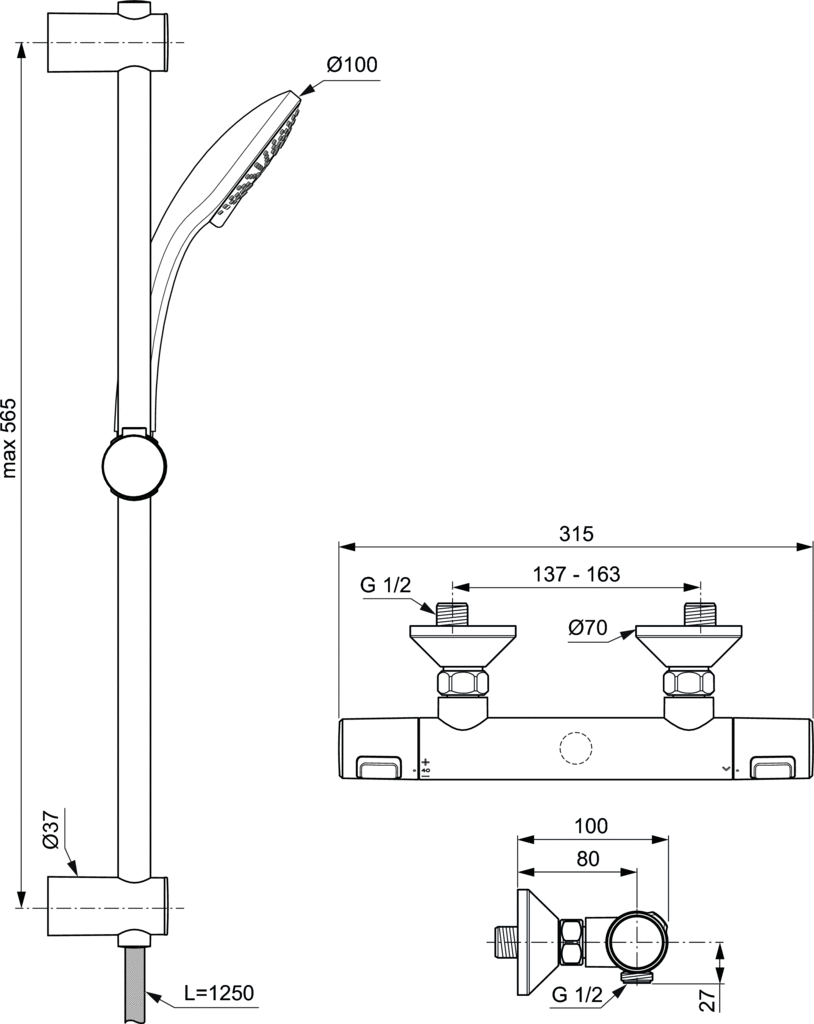 Настенный термостатический смеситель для душа Ideal Standard Ceratherm T25 A7203AA - 2 изображение