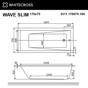 Акриловая ванна 170х75 см Whitecross Wave Slim Smart Nano 0111.170075.100.SMARTNANO.CR с гидромассажем - 4 изображение