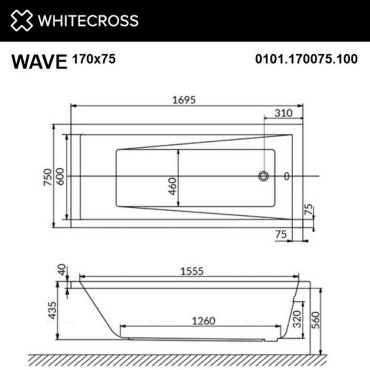 Акриловая ванна 170х75 см Whitecross Wave Smart Nano 0101.170075.100.SMARTNANO.CR с гидромассажем - 3 изображение