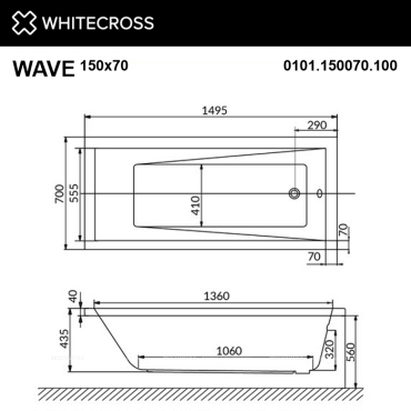 Акриловая ванна 150х70 см Whitecross Wave 0101.150070.100.ULTRANANO.GL белая - 3 изображение