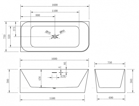Акриловая ванна Abber 160х75 см AB9331-1.6 L, белый - 5 изображение