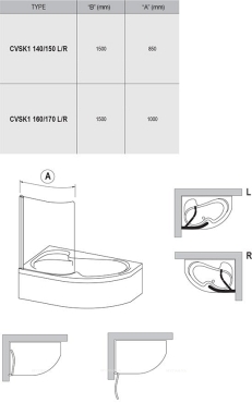 Шторка на ванну Ravak CVSK1 ROSA 160/170 L+ транспарент, белый - 3 изображение