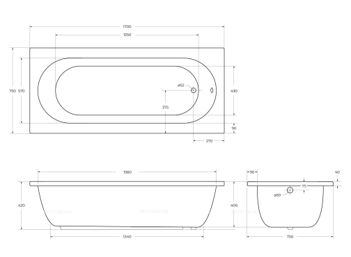 Акриловая ванна 170х75 см Cezares Piave PIAVE-170-75-42-W37 белая - 3 изображение