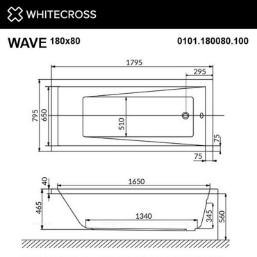 Акриловая ванна 180х80 см Whitecross Wave Line Nano 0101.180080.100.LINENANO.CR с гидромассажем - 3 изображение
