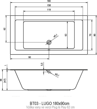 Акриловая ванна Riho Lugo 180x90 см L Plug&Play - 6 изображение