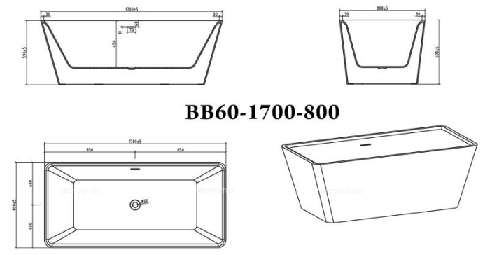 Акриловая ванна BelBagno BB60-1700-800, прямоугольная - 2 изображение