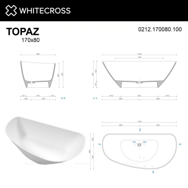 Ванна из искусственного камня 170х80 см Whitecross Topaz 0212.170080.200 матовая белая - 7 изображение